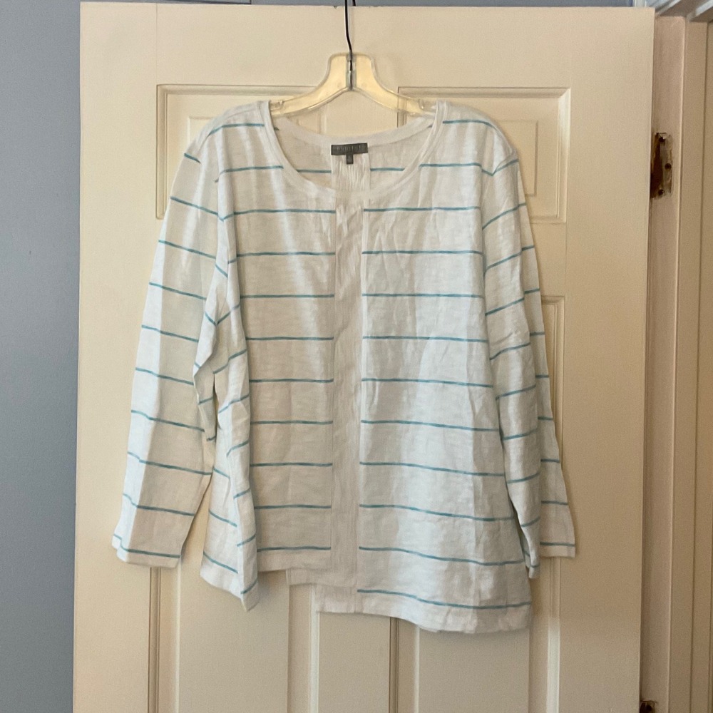 Habitat Beach Stripe Step Hem Pullover Top Turquoise Lagenlook Coastal XL NWT